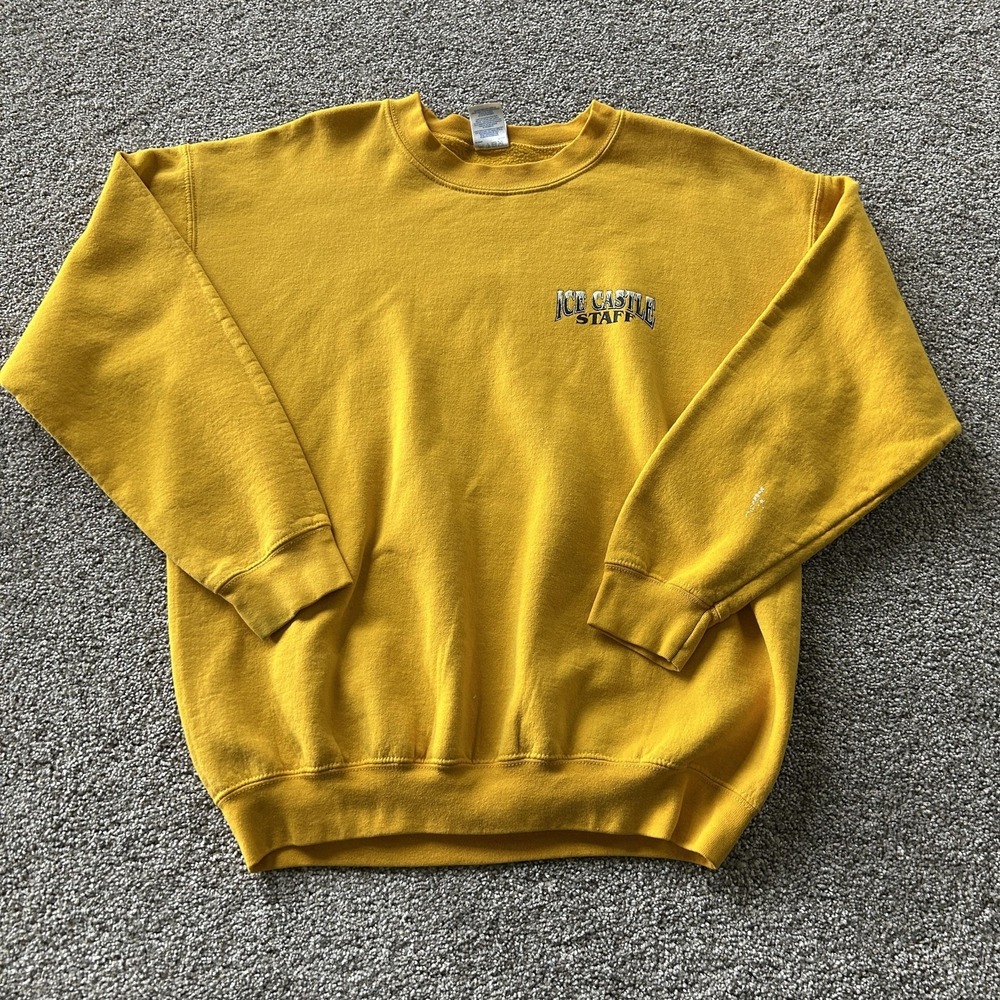 Vintage Gildan Sweatshirt Mens L Yellow Fleece Pullover Ice Castle Staff Logo